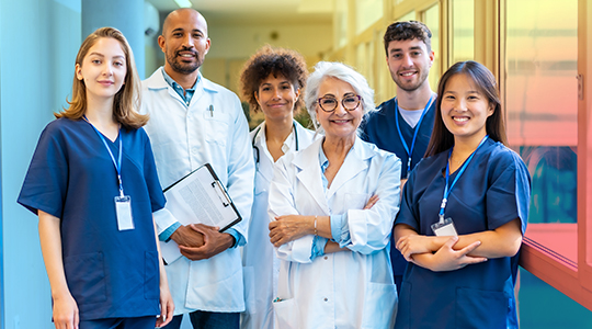 A diverse group of six healthcare professionals in scrubs and white lab coats smile together in a hospital hallway